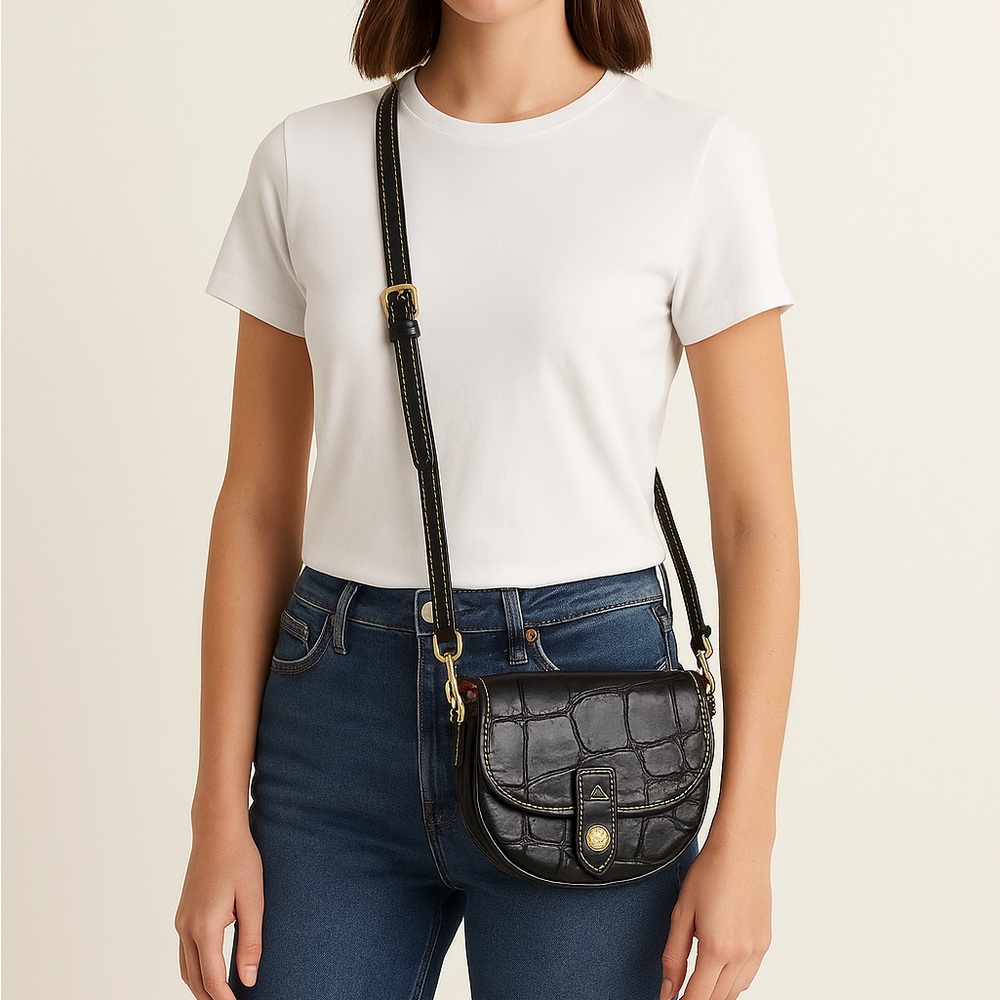 Dooney & Bourke Mini Flap Crossbody Black Croc Leather Pink Lining Y2K 2000s Bag